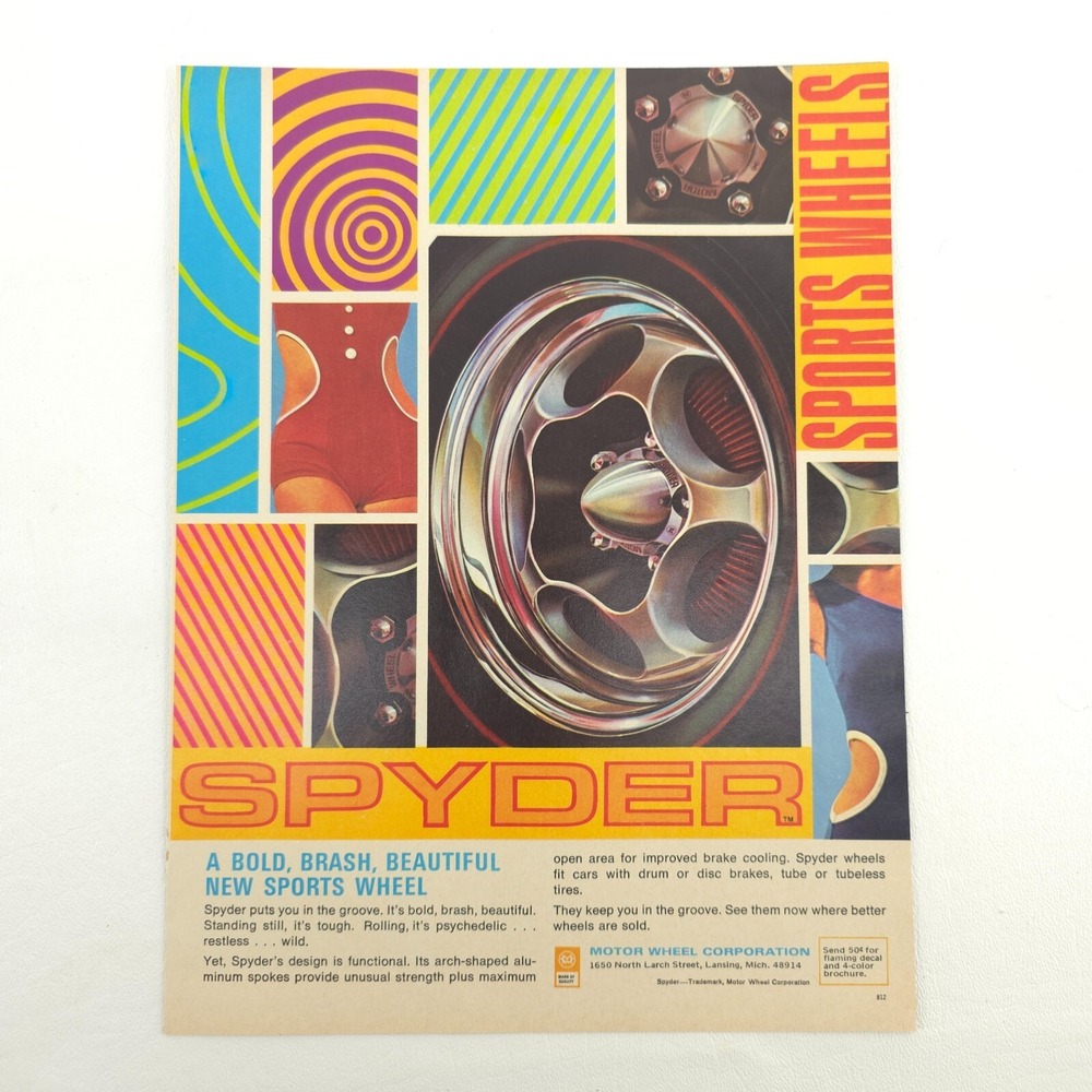 VTG Motor Wheel Spyder Advertising Print Ad 1960s Sports Wheels Promo Art Decor